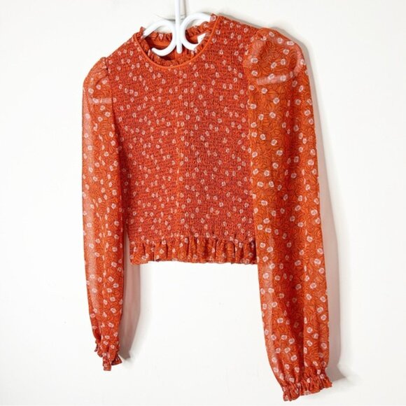 Aritzia Wilfred Lilith Blouse Cropped Smocked Floral Long sleeve Orange Size XS - Picture 5 of 16
